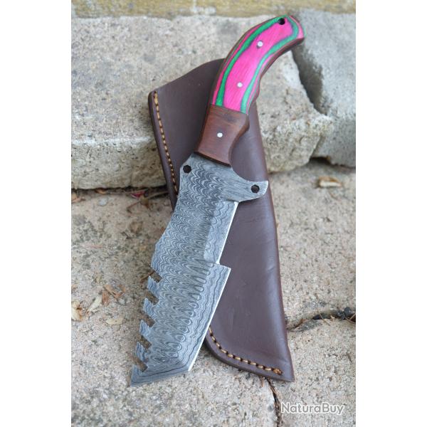 Couteau de Chasse Trakker Damas Lame 256 Couches Manche Bois Arlequin Fabric Artisan Etui Cuir