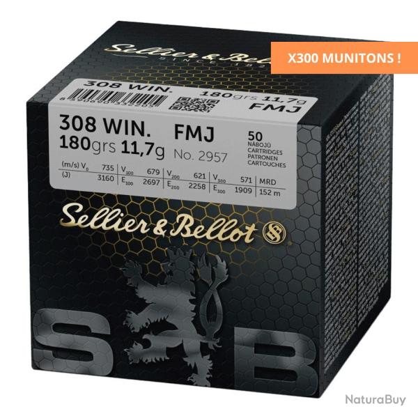 LOT DE 300 MUNITONS .308 11.7GR 180GR - SELLIER & BELLOT