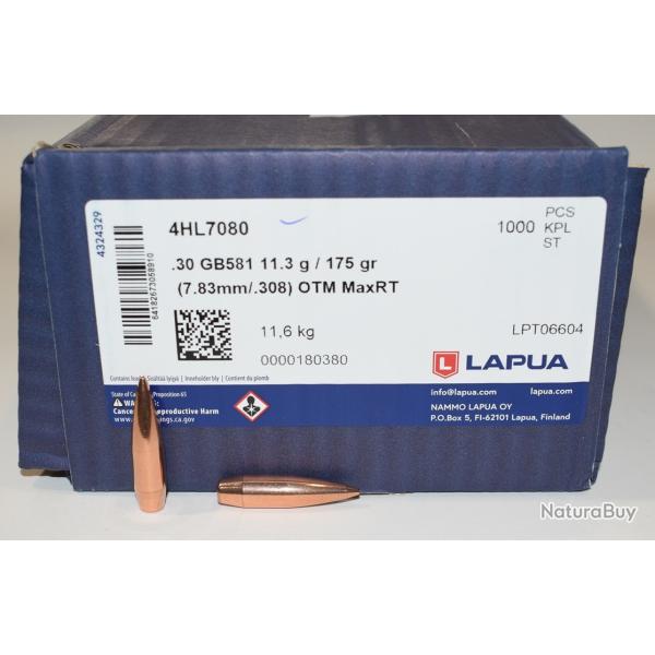 100 ogives Lapua cal 0.308 MAX RANGE TARGET HPBT en 175 grains