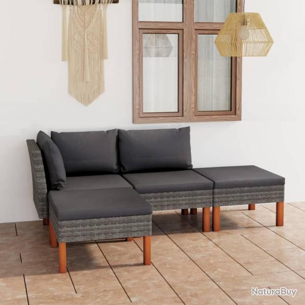 Salon de 4 pcs avec coussins R�sine tress�e Gris