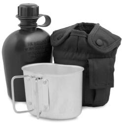 Gourde Mil-Tec type US 900 ml avec quart en aluminium et housse polyester rembourr&eacute;e Noir