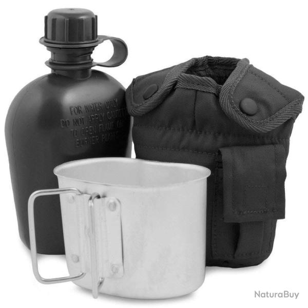 Gourde Mil-Tec type US 900 ml avec quart en aluminium et housse polyester rembourr�e Noir