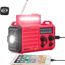 Radio Solaire Urgence &agrave; Manivelle Batterie 4000mAh AM/FM/SW  M&eacute;t&eacute;o SOS USB Boussole Rouge