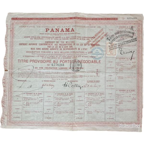 Panama Compagnie Universelle du Canal Interoceanique de Panama 1888 Action Obligation Franc
