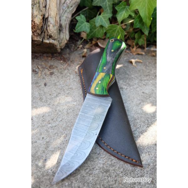 Skinner Couteau Damas Lame 256 Couches Lame Trailing Point Manche Cam�l�on Fabr Artisanale Etui Cuir