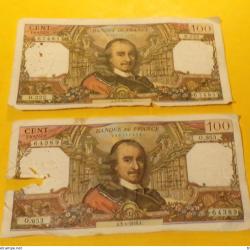 LOT DE 2 BILLETS DE 100 FRANCS CORNEILLE DE 1967 ET 1976,&nbsp; ETAT VOIR PHOTOS . POUR TOUT RENSEIGNEMEN