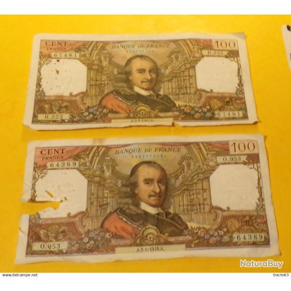 LOT DE 2 BILLETS DE 100 FRANCS CORNEILLE DE 1967 ET 1976,� ETAT VOIR PHOTOS . POUR TOUT RENSEIGNEMEN
