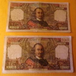 LOT DE 2 BILLETS DE 100 FRANCS CORNEILLE DE 1976 ET 1977,&nbsp; ETAT VOIR PHOTOS . POUR TOUT RENSEIGNEMEN