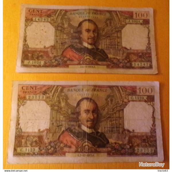 LOT DE 2 BILLETS DE 100 FRANCS CORNEILLE DE 1976 ET 1977,� ETAT VOIR PHOTOS . POUR TOUT RENSEIGNEMEN