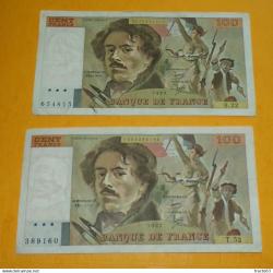 LOT DE 2 BILLETS DE 100 FRANCS DELACROIX DE 1980 ET 1981,&nbsp; ETAT VOIR PHOTOS . POUR TOUT RENSEIGNEMEN
