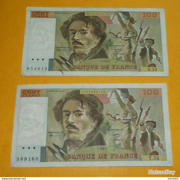 LOT DE 2 BILLETS DE 100 FRANCS DELACROIX DE 1980 ET 1981,� ETAT VOIR PHOTOS . POUR TOUT RENSEIGNEMEN