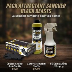 Pack Attractif Sanglier BLACK BEASTS : Goudron Anti-Goutte 500g + Spray Truffe 500ml + 50 Gants