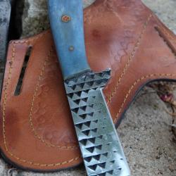 Couteau Skinner Lame Rasoir Acier Carbone Scie Bois Manche Os Beau Etui Cuir Horizon Artisanale
