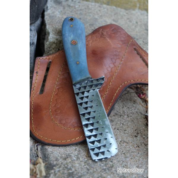 Couteau Skinner Lame Rasoir Acier Carbone Scie Bois Manche Os Beau Etui Cuir Horizon Artisanale