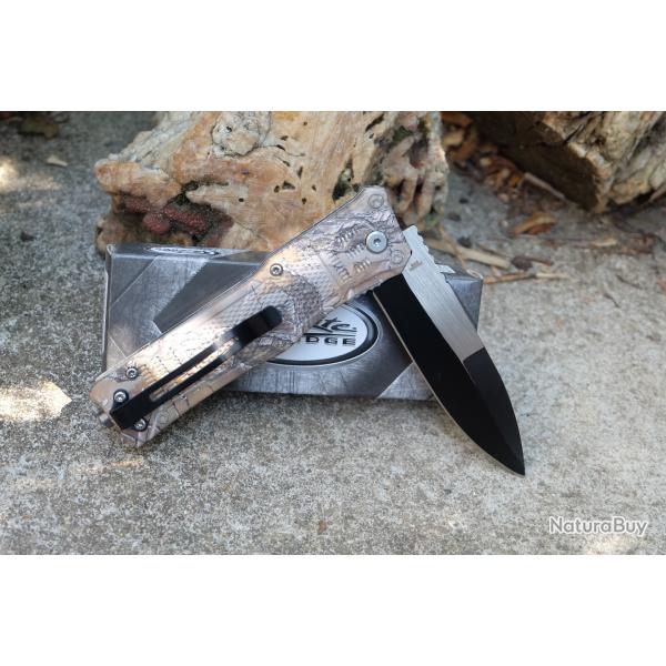 Couteau Semi Automatique Lame Acier Two-Tone Spear Point Manche ABS Camo Linerlock Clip
