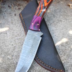Skinner Couteau Damas Lame 256 Couches Lame Trailing Point Manche Coccinelle F Artisanale Etui Cuir