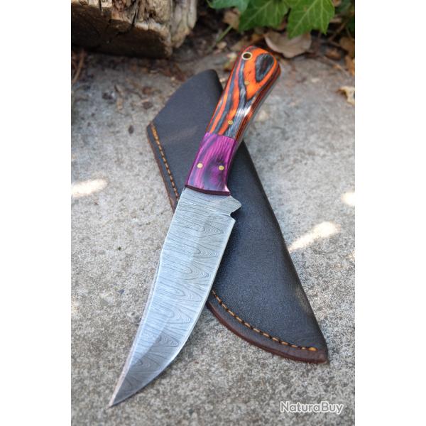 Skinner Couteau Damas Lame 256 Couches Lame Trailing Point Manche Coccinelle F Artisanale Etui Cuir