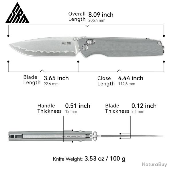 Couteau SRM Terrier Lame Acier Lamine 140Cr Manche G10 Gris Ambi Lock SRM258LGK2