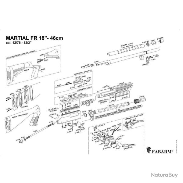 Pi�ces d�tach�es pour fusil � pompe Fabarm Martial FR 18'' (46cm)
