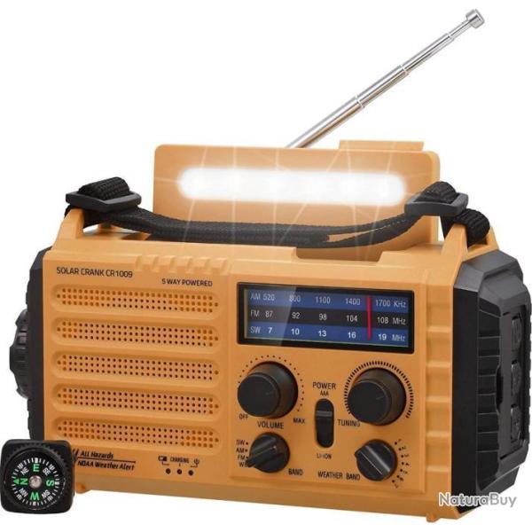 Radio Urgence Portable  Panneau Solaire Manivelle Batterie 4000mAh AM/FM/SW M�t�o USB SOS Boussole