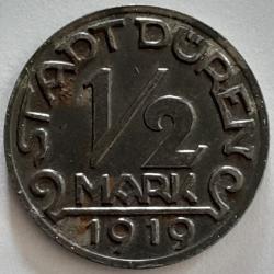 Pi&egrave;ce de Monnaie  Allemagne .1/2 MARK 1919 STADT DUREN FER ALLEMAGNE Rare et Recherch&eacute;e