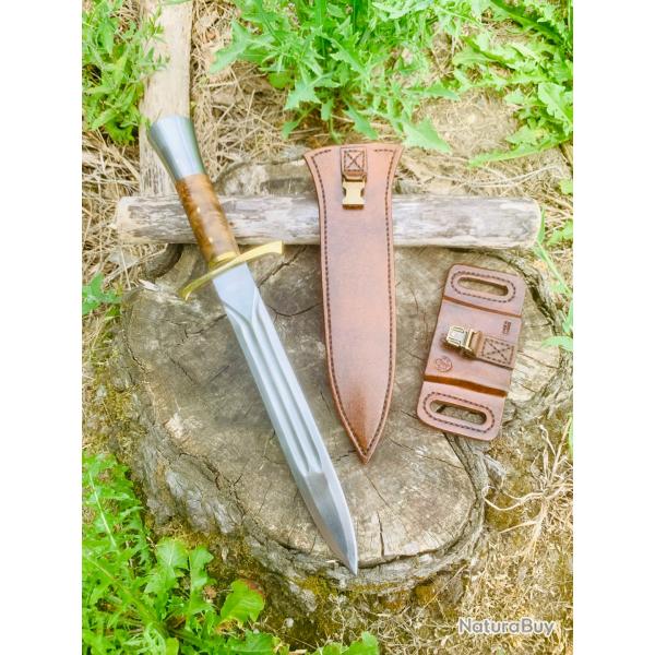dague de chasse d'artisan / loupe de LAUREL grade 3 / fourreau, porte fourreau cuir / lame 4 gorges