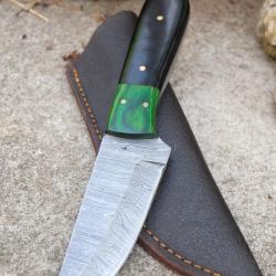 Skinner Couteau Damas Lame 256 Couches Lame Trailing Point Manche R&eacute;sine Fabr Artisanale Etui Cuir
