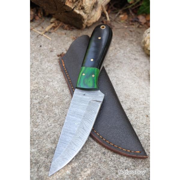 Skinner Couteau Damas Lame 256 Couches Lame Trailing Point Manche R�sine Fabr Artisanale Etui Cuir