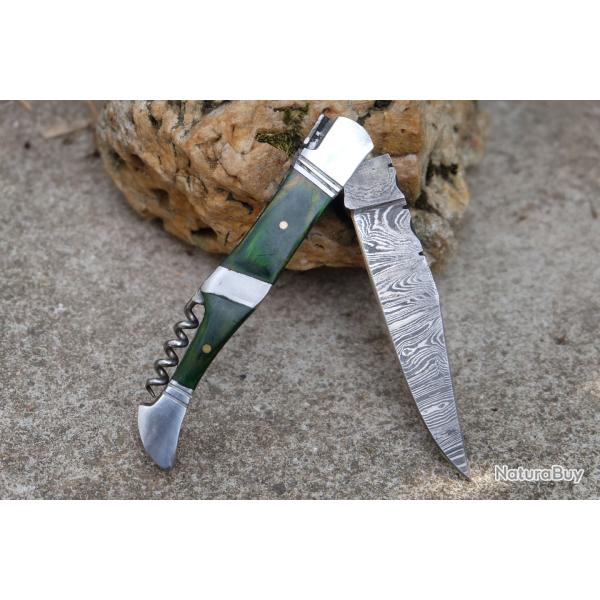 Couteau Damas Lame 128 Couches Fa�on Laguiole Manche Bois Green/Acier Tire Bouchons F Artisanale