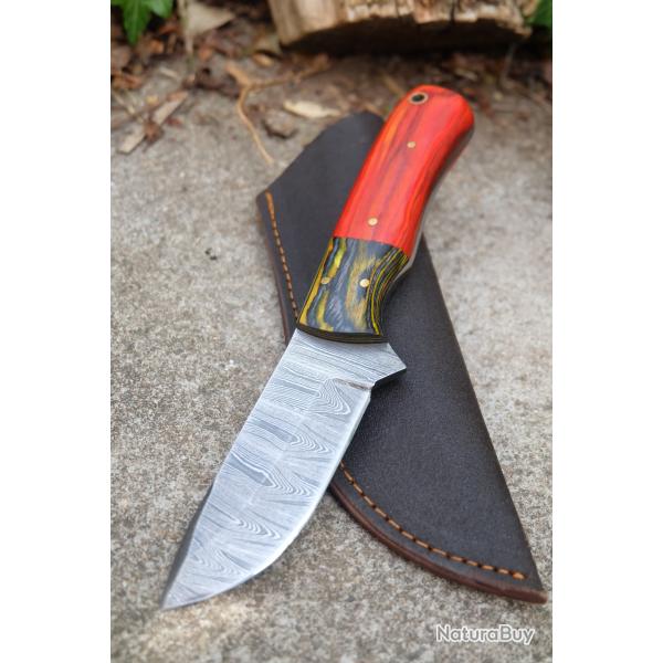 Skinner Couteau Damas Lame 256 Couches Lame Drop Point Manche Rubis Fabr Artisanale Etui Cuir