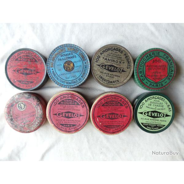 Lot de 8 bo�tes anciennes d'amorces diverses pour collection ou usage.