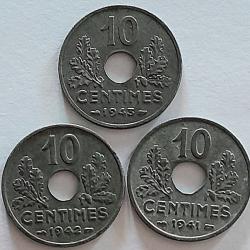 Pi&egrave;ce de Monnaie  France  Lot -10 centimes Etat Fran&ccedil;ais 1941 -1942-1943 - Qualit&eacute;