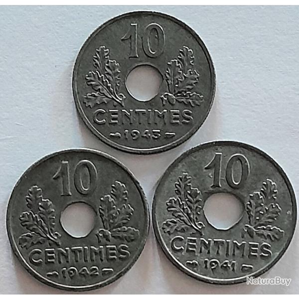 Pi�ce de Monnaie  France  Lot -10 centimes Etat Fran�ais 1941 -1942-1943 - Qualit�