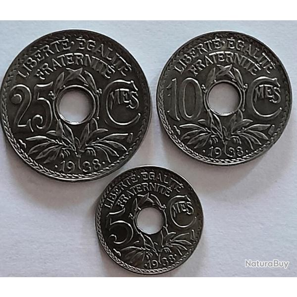 Pi�ce de Monnaie  France  Lot -5-10-25 centimes Lindauer 1938 Avec Point - Qualit�