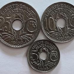 Pi&egrave;ce de Monnaie  France  Lot -5-10-25 centimes Lindauer 1939 Avec Point - Qualit&eacute;