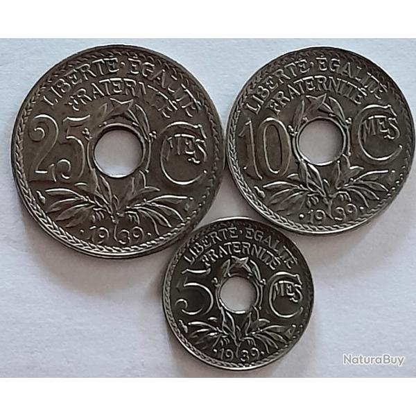 Pi�ce de Monnaie  France  Lot -5-10-25 centimes Lindauer 1939 Avec Point - Qualit�