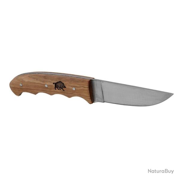 Couteau manche platane avec gravure sanglier et fourreau en cuir