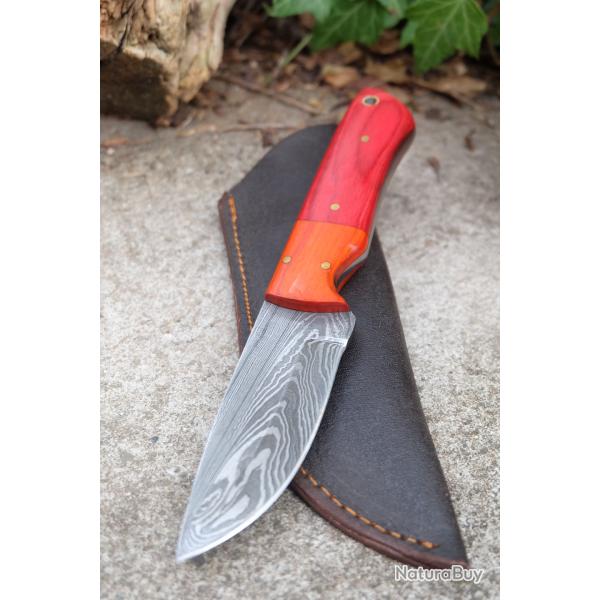 Skinner Couteau Damas Lame 256 Couches Lame Drop Point Manche Rubis Fabr Artisanale Etui Cuir 01