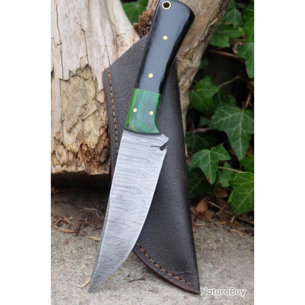 Skinner Couteau Damas Lame 256 Couches Lame Trailing Point Manche R�sine Fabr Artisanale Etui Cuir01