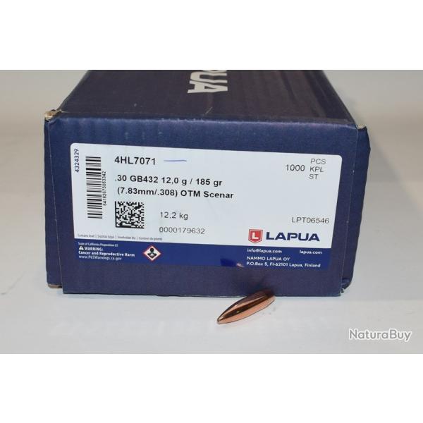 lot 100 ogives Lapua , cal 30 diametre 0.308, HPBT en 185 grains