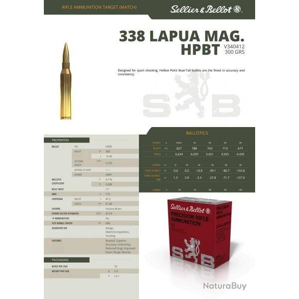 Cartouches Sellier &amp; bellot HPBT cal 338 lapua mag 19.4g 300 gr