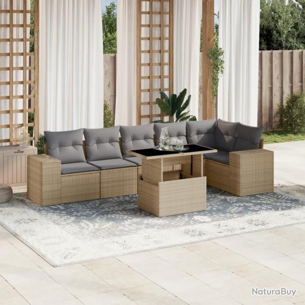 Salon de jardin avec coussins 7 pcs beige r�sine tress�e