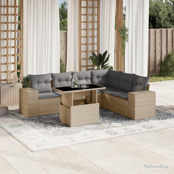 Salon de jardin avec coussins 7 pcs beige r�sine tress�e