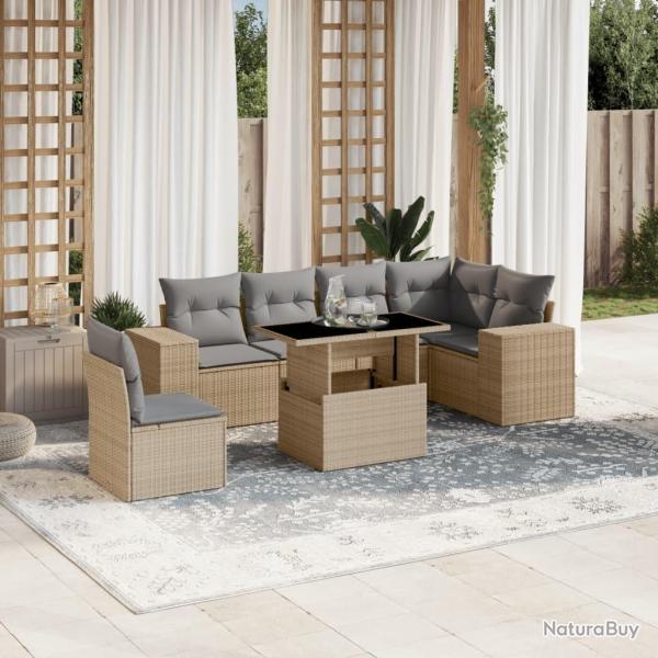 Salon de jardin avec coussins 7 pcs beige r�sine tress�e