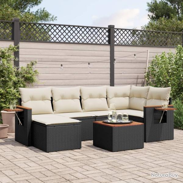 Salon de jardin 7 pcs avec coussins noir r�sine tress�e