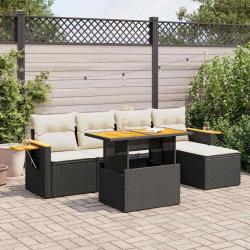 Salon de jardin 6 pcs avec coussins noir r&eacute;sine tress&eacute;e acacia