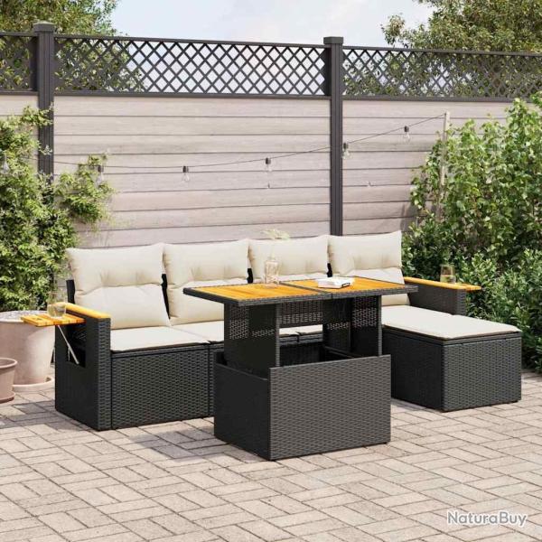 Salon de jardin 6 pcs avec coussins noir r�sine tress�e acacia
