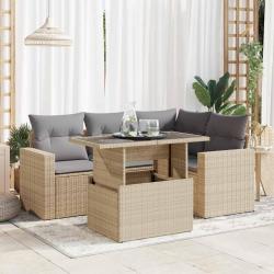 Salon de jardin avec coussins 5 pcs beige r&eacute;sine tress&eacute;e