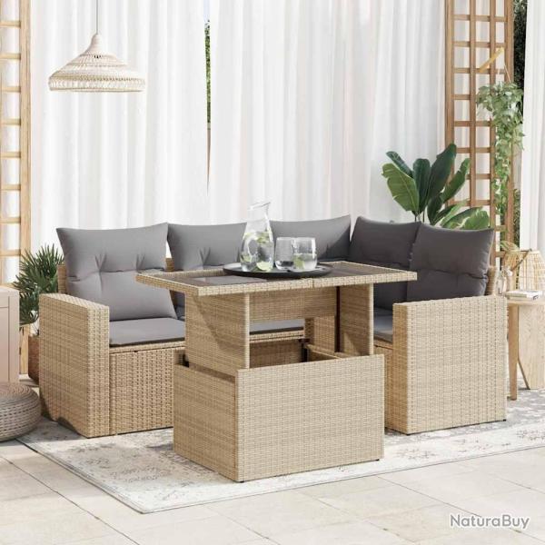 Salon de jardin avec coussins 5 pcs beige r�sine tress�e