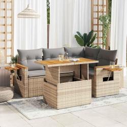 Salon de jardin avec coussins 5 pcs beige r&eacute;sine tress&eacute;e acacia